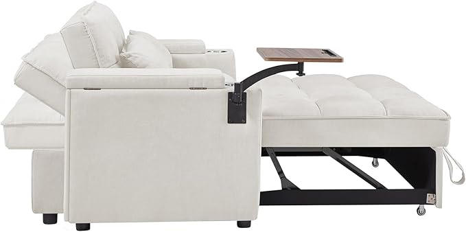 65'' Convertible Sleeper Sofa Bed with Pull-Out Design, 3-in-1 Modern Chenille Fabric Couch with 360° Swivel Side Table, Queen Size, Easy Assembly, for Living Room, White