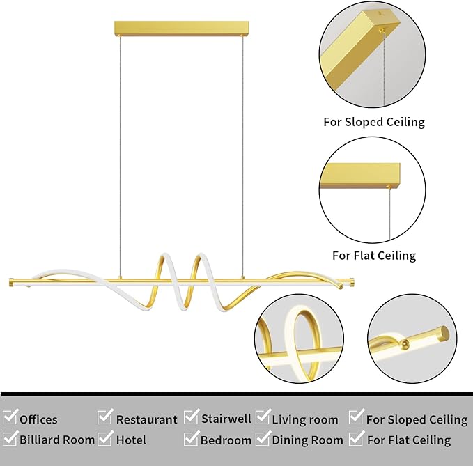Modern LED Pendant Lights, 39in Gold Chandelier Dimmable with Remote Control 3000k-6000K Adjustable Color Temperature, Aluminum Island Lighting Lamp Fixture for Kitchen, Dining Room