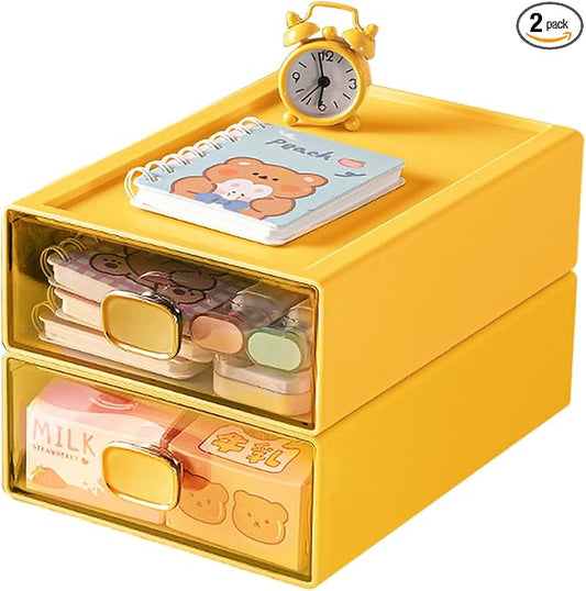 2PACK Stackable Desktop Organizer with Drawer 6.5"x9"x3" Desk Storage Drawer Office Plastic Organizer Clear Small Drawer for Pens, Stationery, Accessories, Make Up (Yellow, M - 1 Drawer)