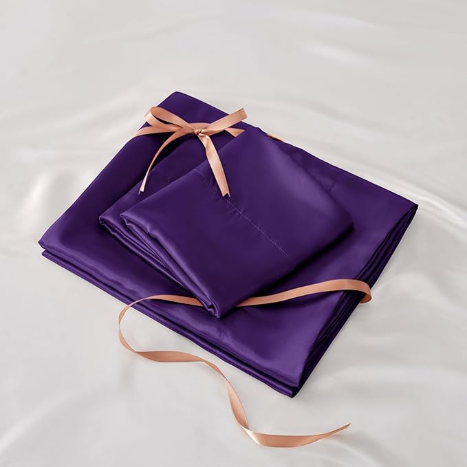 BEDELITE King Size Sheets Set, Luxury Soft Plum Purple Satin Sheets for Hair and Skin, Similar to Silk Bed Sheets Set 4 Pieces with 1 Deep Pocket Fitted Sheet, 1 Flat Sheet, and 2 Pillowcases