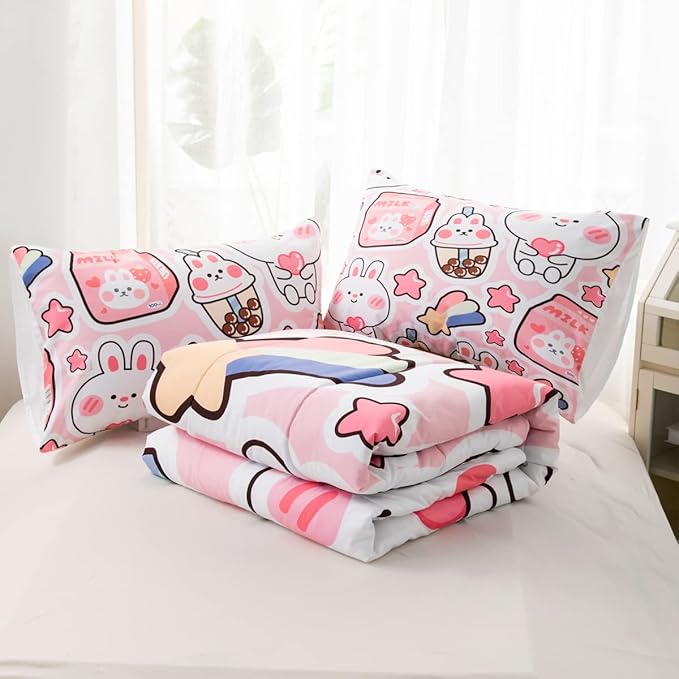 CVHOUSE Kawaii Rabbit Bedding Set for Girls - Twin Size, Includes Cute Rabbit Comforter, Duvet, and Quilt - Perfect for Kids' Room Decor