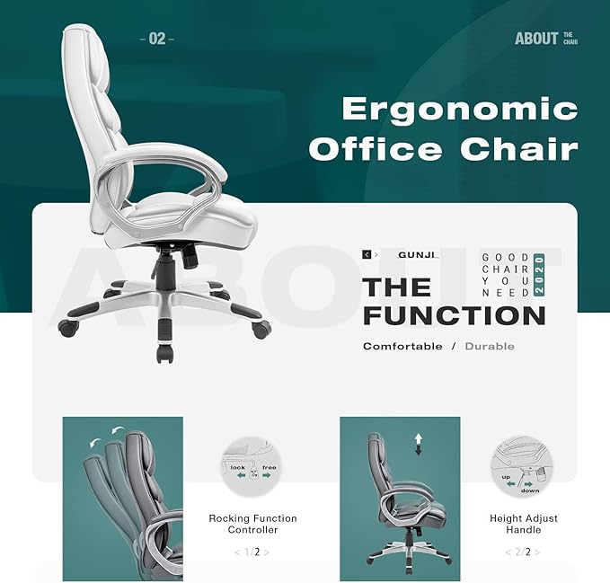 GUNJI Office Chair PU Leather High Back Executive Chair Ergonomic Computer Chair, Modern Adjustable Home Desk Chair Swivel Managerial Chair with Padded Armrests and Lumbar Support (White)