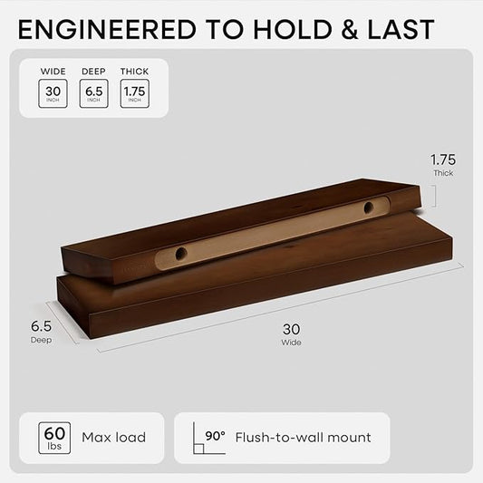 Homeforia 30inch Walnut Floating Shelves for Wall Mounted, High End Solid Real Wood 30 in Floating Shelf, Dark Brown Wooden 30 inch Long Floating Shelves, Heavy Duty Bracket, 30 X 6.5 X 1.75, Set of 3