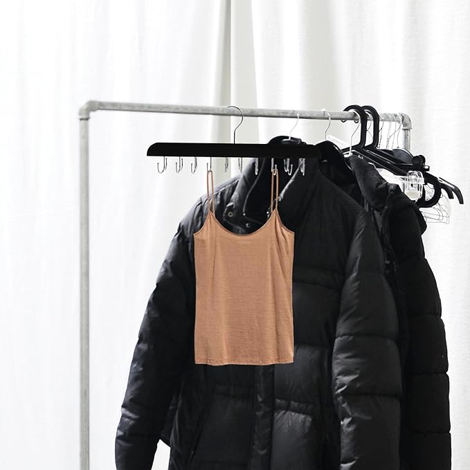 Foldable Wood Closet Organizer Hanger with 20 Non-Slip Hooks for Bras, Scarves, and Pants Space-Saving Clothes Rack for Dorms, Apartments, and Home, Black 2pcs
