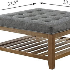 24KF Large Square Upholstered Tufted Linen Ottoman Coffee Table, Large Footrest Ottoman with Solid Wood Shelf-Granite