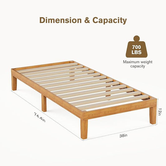 Sweetcrispy Solid Wood Bed Frame, Twin Size Bed Base with Wood Slat Support, Sturdy, Stylish & Noise-Free Design, No Box Spring Needed, Easy Assembly, 12 in Natural Pine