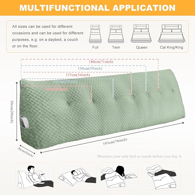 Large Triangular Headboard Wedge Pillow Soft and Supportive Headboard Backrest Positioning Support Bolster Cushion, Bed Wedge Pillow with Removable Cover(Green,Cal King,71x8x20inch)