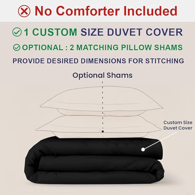 Kotton Culture Custom Duvet Cover - 100% Egyptian Cotton Sateen 600 Thread Count Ultra Soft Breathable Durable Customizable Comforter Cover(Desired Dimensions)- Zipper Closure & 7 Internal Ties -Black