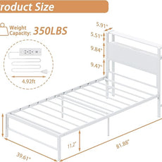 Twin Bed Frames with Charging Station, 2 Tiers Storage Headboard Twin Sized Bed No Box Spring Needed Heavy Duty Metal Platform, White