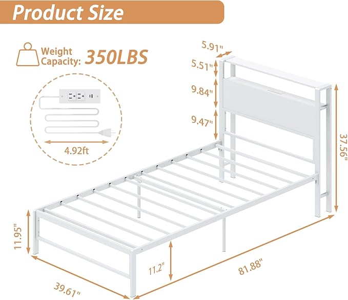 Twin Bed Frames with Charging Station, 2 Tiers Storage Headboard Twin Sized Bed No Box Spring Needed Heavy Duty Metal Platform, White
