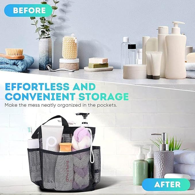 Mesh Shower Caddy, Portable Hanging Shower Bag with 8 Pockets, Quick Dry Dorm Shower Caddy for College, Gym, Bathroom (Black)