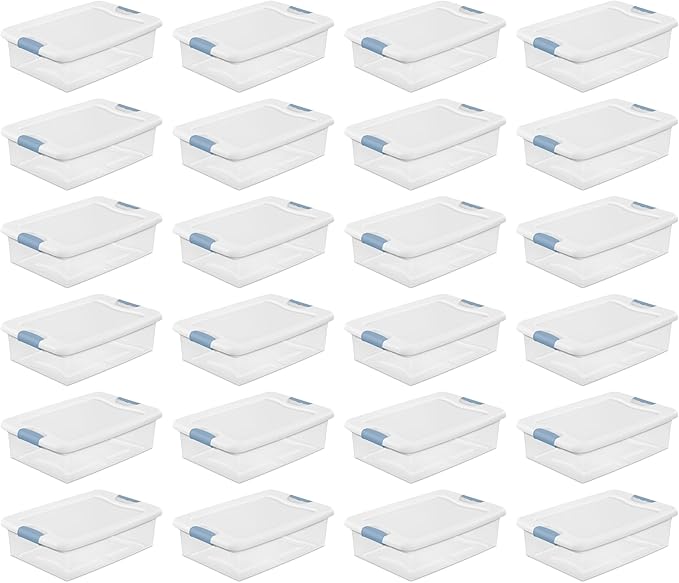 Sterilite 24-Pack Latching Box, Under Bed Storage Bins with Lids, Clear Plastic, 32 Quart - Heavy-Duty Organizing Containers for Closet, Bathroom, and Office