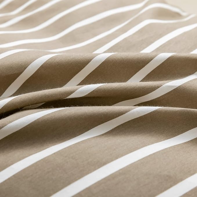 JELLYMONI Queen Duvet Cover Set, Cotton Duvet Cover 3 Pieces with Zipper Closure, 1 Duvet Cover and 2 Pillowcases(Khaki with White Striped)