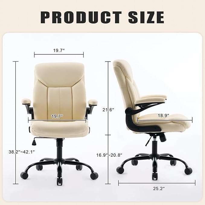 Office Chair, Ergonomic Computer Chair with Flip-up Arms Home Desk Chairs Comfy PU Leather Executive Mid Back Support Adjustable Height Tilt Lock Swivel Rolling Wheels, Beige