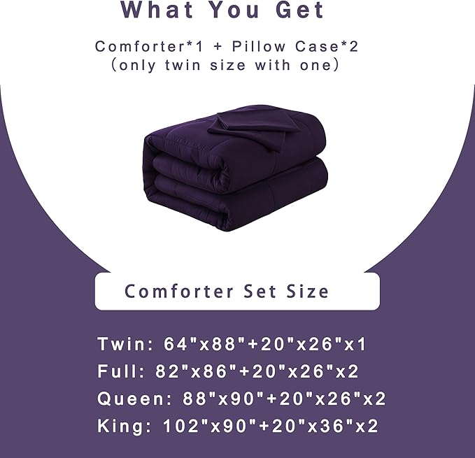 DOWNCOOL Twin Comforter Set -All Season Bedding Comforters Sets with 1 Pillow Case -2 Pieces Bed Set Down Alternative Comforter Set -Purple Twin Bedding Sets(64"x88")