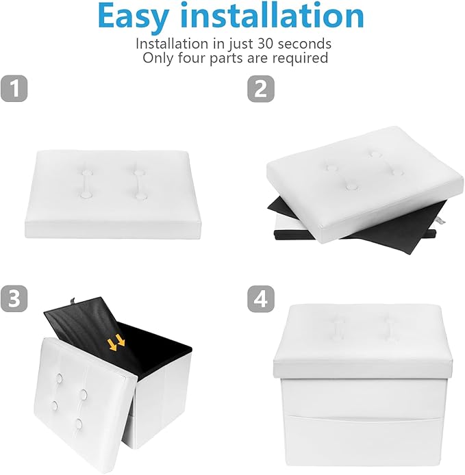 AmasSmile Storage Ottoman Folding Foot Rest Stool with Side Pocket, 17 inch Leather Footstool Bench, Short Ottoman Bench, Storage Foot Rest Store, Blanket Chest, White