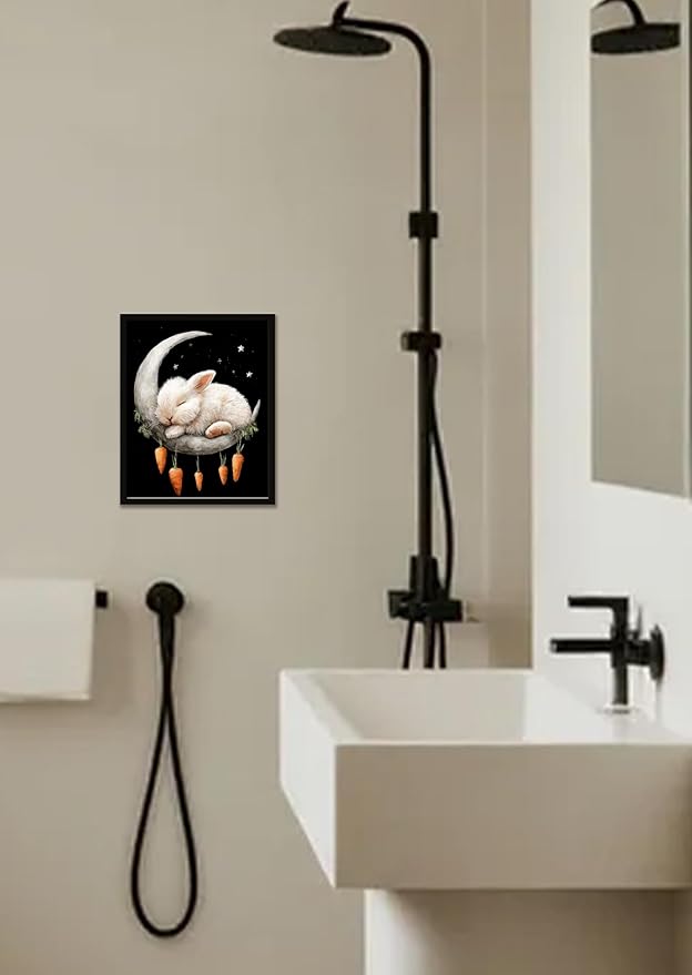 Funny Animal Black And White Wall Art Print Rabbit On The Moon Cute Poster Canvas Art Wall Decor Picture For Bedroom Dorm Bathroom Wall Decor Aesthetic Home Artwork 8" × 10" With Framed