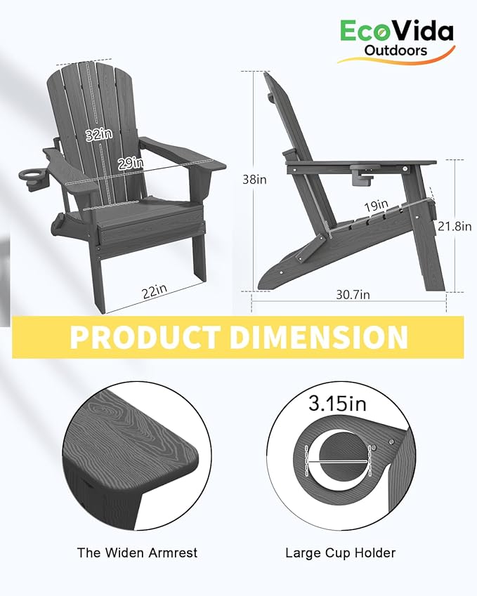 3-Piece Folding Adirondack Chair Set - 38" Extra Tall Back & Embossed Wood Grain, Oversized HDPE Patio Furniture with Side Table & Cup Holders, 380lb Heavy Duty,Grey
