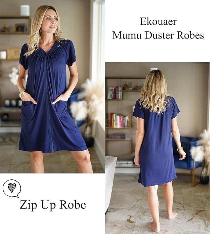 Ekouaer Women Robe Zipper Front Mumu Duster Robes Zip Up Housecoat Soft Sleepwear with Pockets