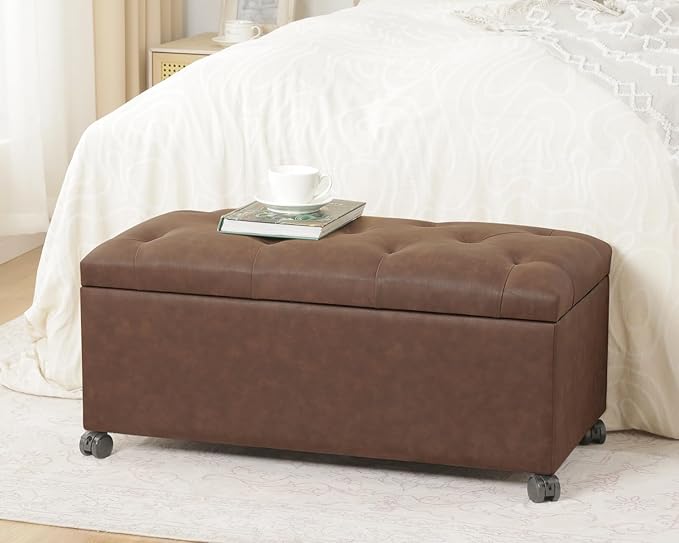 Joveco Storage Ottoman Bench 35" Faux-Leather Rectangular Tufted Ottomans Storage Room Organizer with Wheels(Matte Chocolate)
