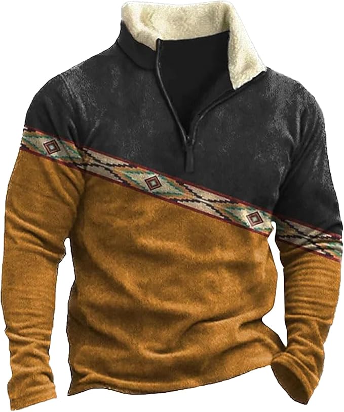 Western Sweatshirts for Men Aztec Cowboy Vintage Graphic Fleece Hoodie Mens Quarter Zip Pullover Country Jacket