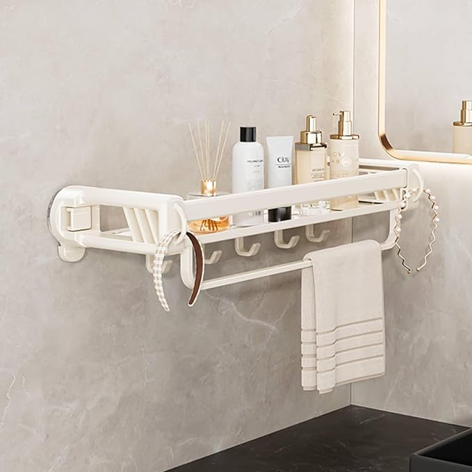 20" Shower Caddy Suction Cup, Concealed Shower Shelves Suction Cup with Hooks & Towel Bar, NO-Drilling Suction Shelf for Bathroom & Kitchen - White