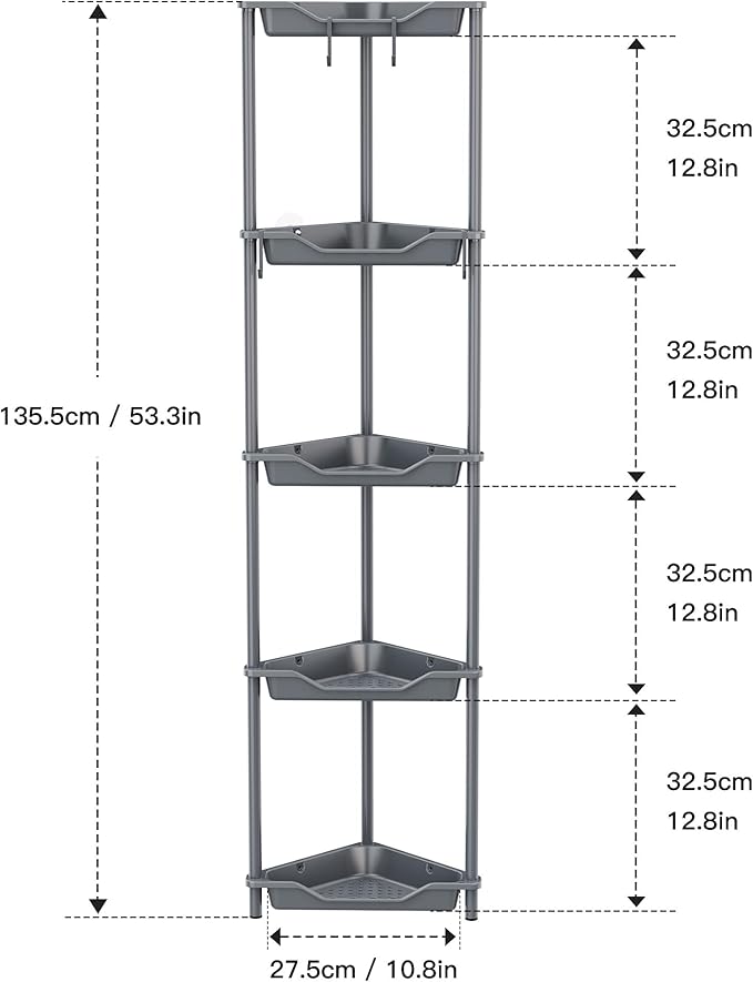 Orimade Rustproof 5 Tier Floor Standing Corner Shower Caddy Organizer, Plastic Metal Splicing Floor Corner Shelf Rack Stands for Bathroom, Grey