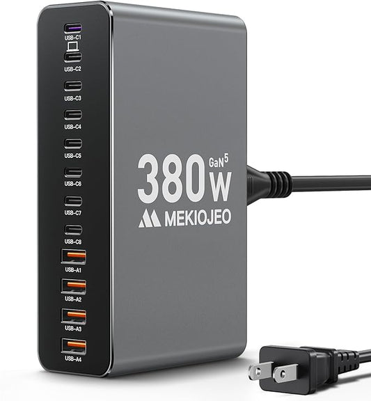 Aluminum Alloy 380W Charging Station Fast USB C Charger Block 12 Ports 65W Laptop GaN Charger for MacBook Pro/Air/iPad Pro/iPhone (Gray)