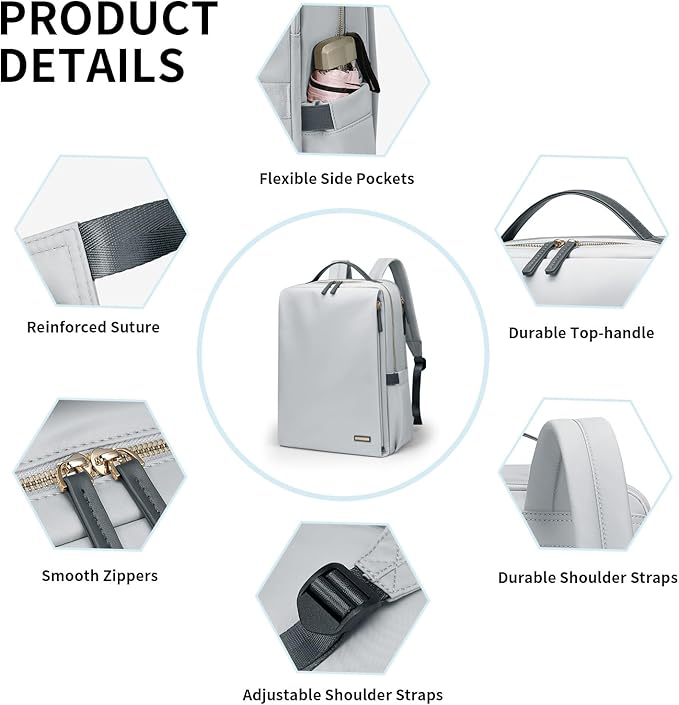 GOLF SUPAGS Stylish Laptop Backpack for Women Airline Approved Perfect for Work College and Travel Multi-Functional Casual Daypack Fits 15.6 Inch Notebook (Pale Grey)