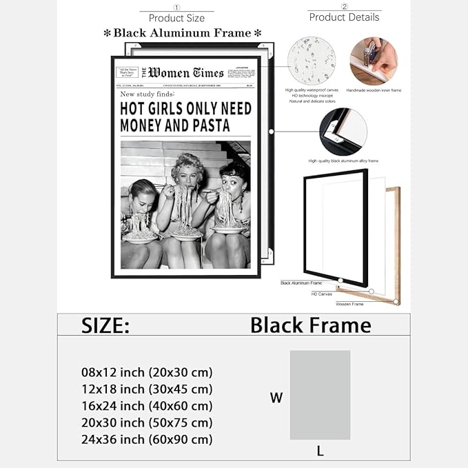 Vintage Women Times Newspaper Canvas Wall Art Black and White Aesthetic Poster Funky Hot Girl Eating Pasta Fashion Prints for Italian Kitchen Bar Cart Girly Dorm Room Art Posters 24x36inch black framed