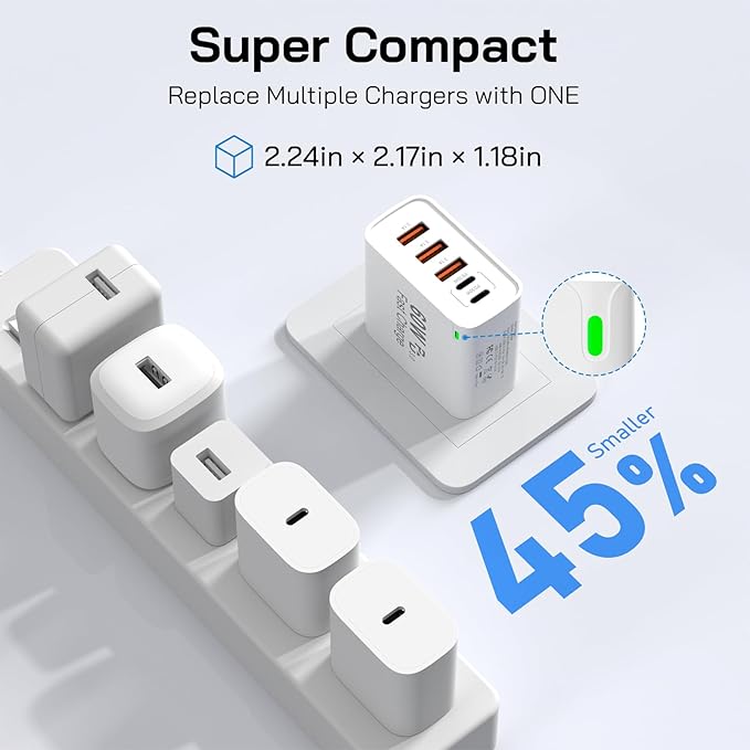 2Pack USB C Fast Charger Block, 60W 5-Port USB C Wall Charger with 6.6FT USBC to USBC Cord, 2USB C+3USB A PPS/PD 3.0 Multiport Charging Cube for iPhone 17 16 15 Pro Max,for Galaxy S25 S24 Ultra,i Pad