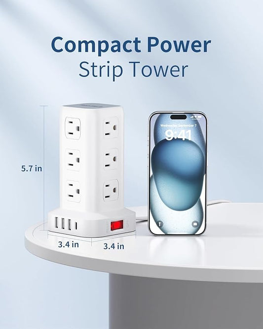 Power Strip Tower, 16.5 Ft Flat Plug Extension Cord, 16 in 1 Power Bars with Surge Protector, Power Tower Bar with 12 AC Multiple Outlets 4 USB (1 USB C)