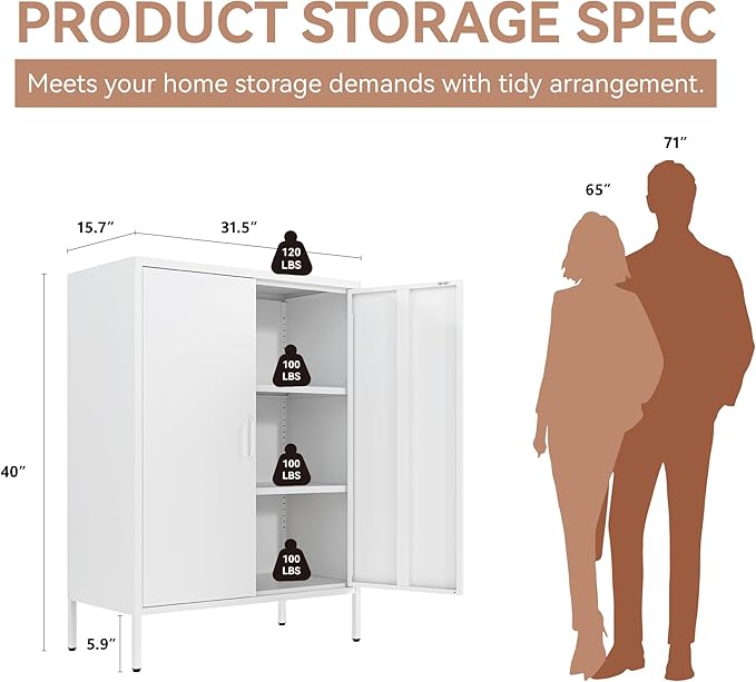 Metal Locker Cabinet, White Accent Storage Cabinets with 2 Doors And Adjustable Shelves, 3 Tier Modern Storage Freestanding Sideboard for Living Room,School,Office Home Kitchen (White, 2Doors-40"H)