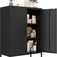 Metal Locker Cabinet, Black Storage Cabinets with 2 Doors and Adjustable Shelves, 3 Tier Modern Storage Freestanding Sideboard for Living Room,School,Office Home Kitchen and Coffee Bar