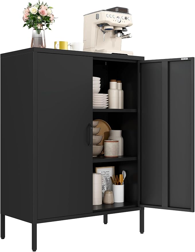 Metal Locker Cabinet, Black Storage Cabinets with 2 Doors and Adjustable Shelves, 3 Tier Modern Storage Freestanding Sideboard for Living Room,School,Office Home Kitchen and Coffee Bar