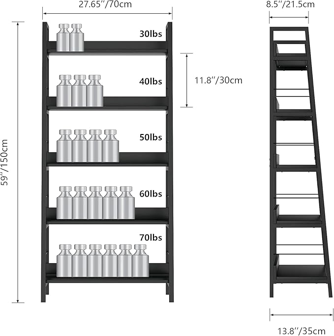 Himimi Black Ladder Bookshelf, 5 Shelf Bookcase Industrial Bookshelf Wood and Metal Bookshelves, Plant Flower Stand Rack Book Storage Shelves for Living Room, Bedroom, Home Office