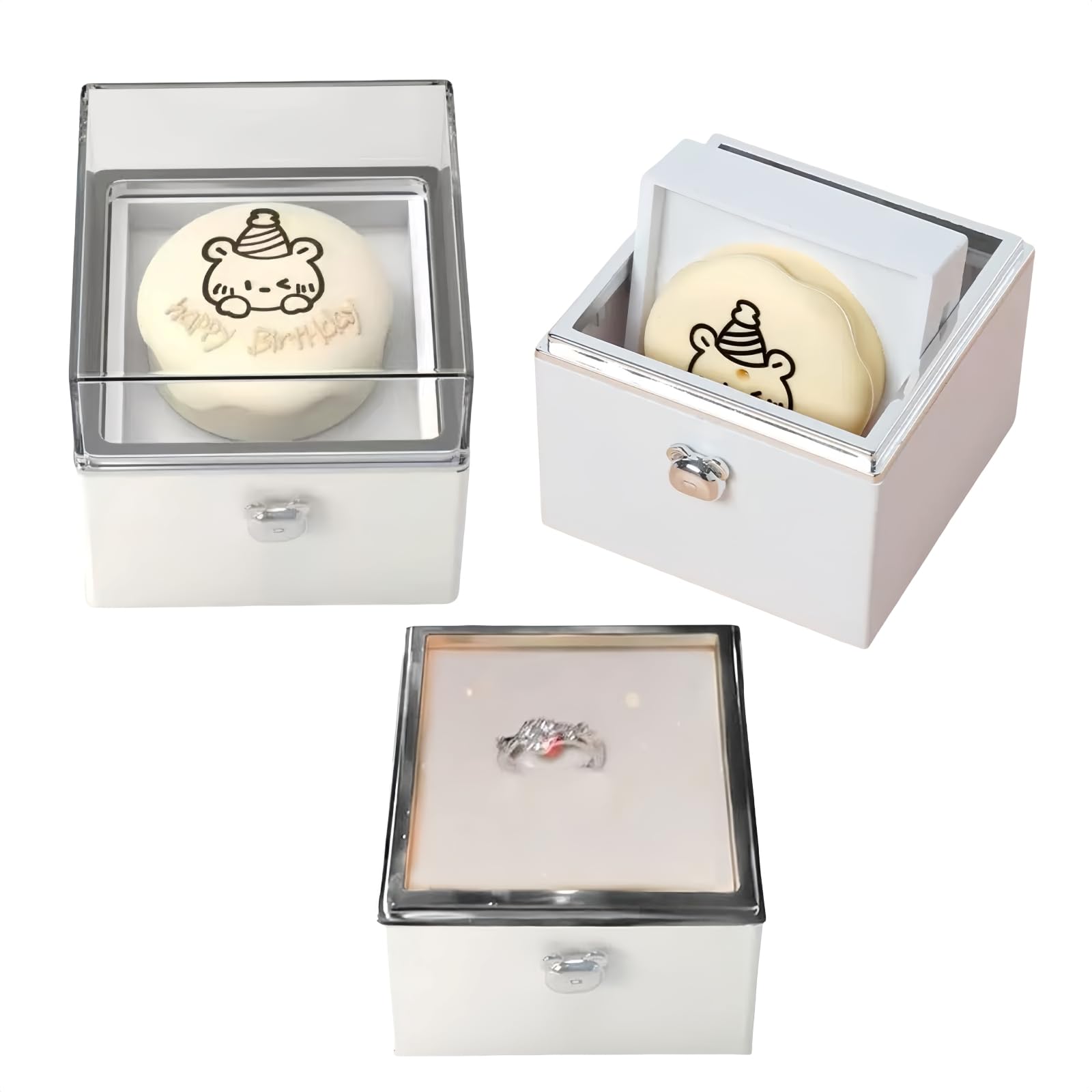Rotating Reversible Ring Box, Ring Holder Box with Candles, Birthday Cake & Little Bear Design, Romantic Proposal Jewelry Holder for Valentines, Anniversaries, Weddings, Birthday Gift for Her (Love)