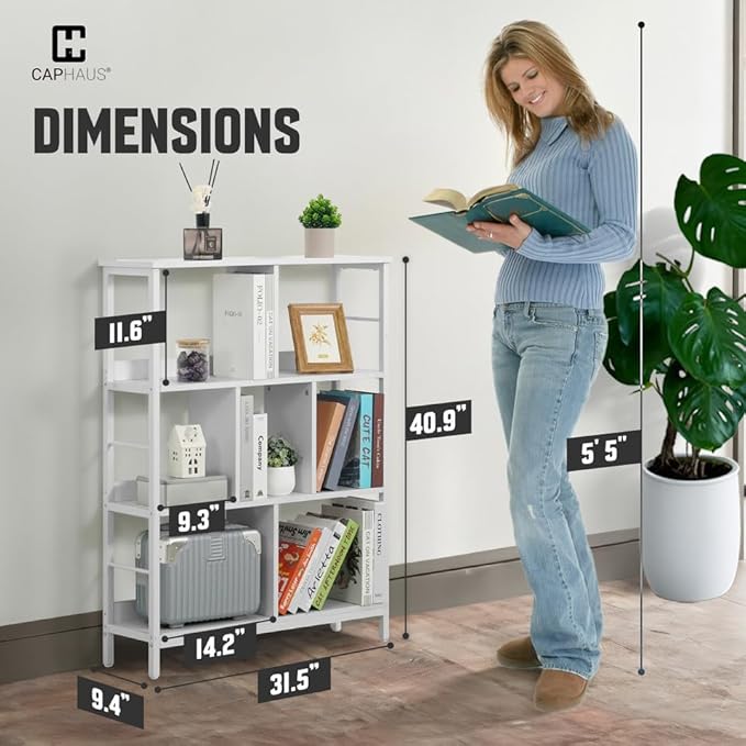 CAPHAUS 7 Cube Storage Organizer, 32” Wide 3 Tier White Industrial Open Shelf Bookcase, Display Shelf, Horizontal Bookshelf with Metal Frame, Wooden Board, for Living Room, Bedroom, Office