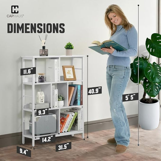 CAPHAUS 7 Cube Storage Organizer, 32” Wide 3 Tier White Industrial Open Shelf Bookcase, Display Shelf, Horizontal Bookshelf with Metal Frame, Wooden Board, for Living Room, Bedroom, Office