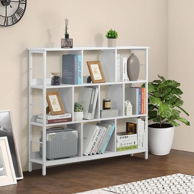 CAPHAUS 10 Cube Storage Organizer, 48” Wide 3 Tier White Industrial Open Shelf Bookcase, Display Shelf, Horizontal Bookshelf with Metal Frame, Wooden Board, for Living Room, Bedroom, Office