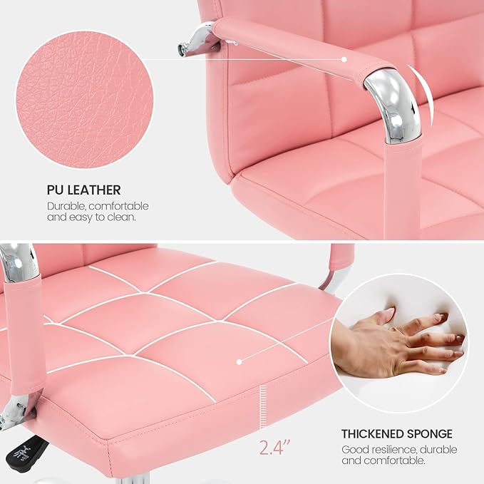 High Back Desk Chair, Modern PU Leather Home Office Task Chair with Arms, Adjustable Swivel Computer Executive Chair with Wheels (Pink)