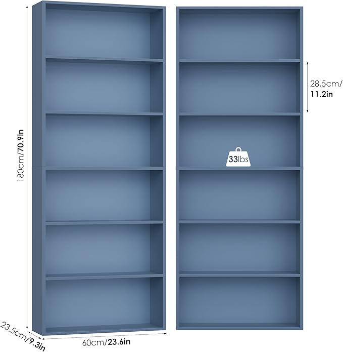 FOTOSOK 6-Tier Open Bookcase and Bookshelf Set of 2, Freestanding Display Storage Shelves Tall Bookcase for Bedroom, Living Room and Office,Blue