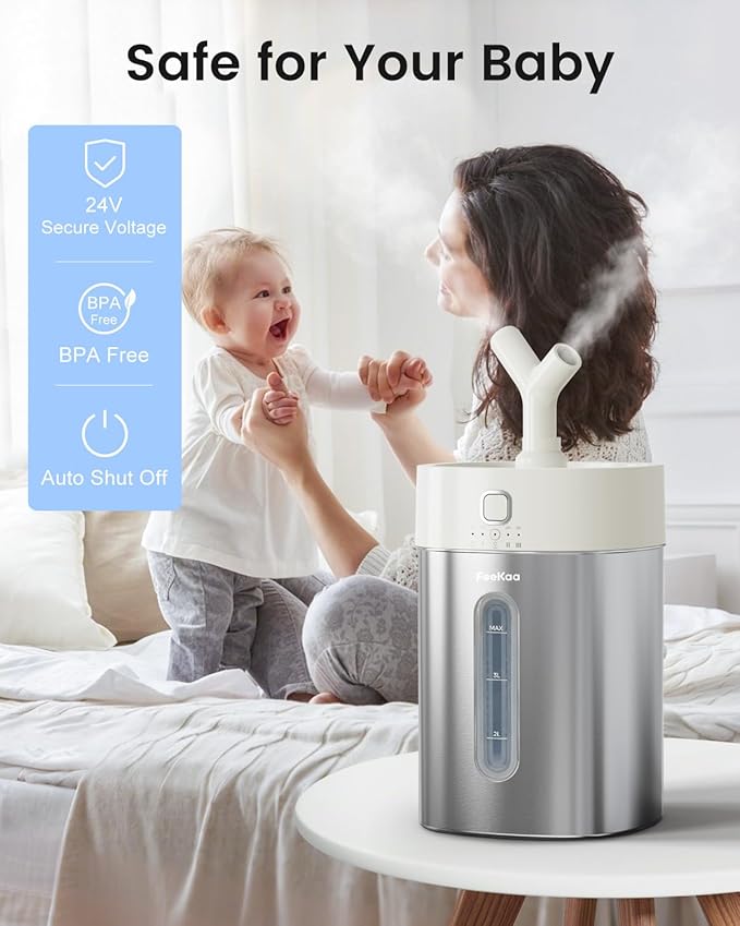 Feekaa Stainless Steel Humidifier Dishwasher Safe, 4L/1Gal Cool Mist Humidifiers for Bedroom, Easy Clean Humidifier Large Room, Humidifiers for Baby Nursery Living Room Office Plant, White