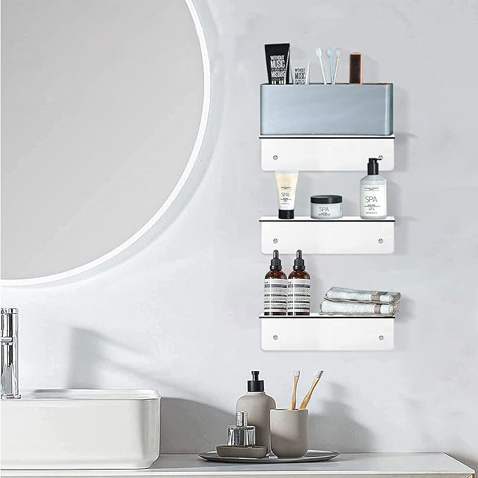 9 Inch Acrylic Floating Shelf, No Drill Adhesive Wall Shelf Set of 4 for Storage, Floating Shelves Damage-Free Expand Wall Space for Living Room, Office, Gaming Room, Bathroom