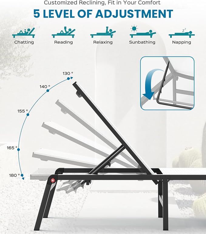 Pool Lounge Chairs Set of 2, Foldable Aluminum Chaise Lounge Outdoor with 5 Positions Recliner - Free Assembly - Patio Chaise Lounge Chair for Poolside, Beach, Yard (White, 2 Pack)