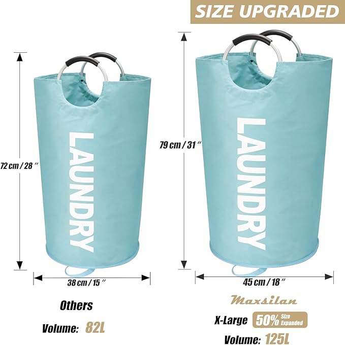 125L X-Large Laundry Basket, Freestanding Tall Clothes Hamper, Collapsible Laundry Bag, Light Blue
