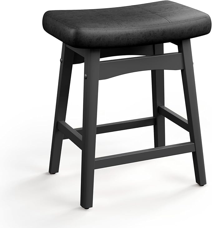 MAISON ARTS Black Counter Height Bar Stool for Kitchen Counter Solid Wood Legs with Faux Leather Saddle Seat Farmhouse Barstool for 34"-38" Counter Island Upholstered Stool, 24in Height, 1pc