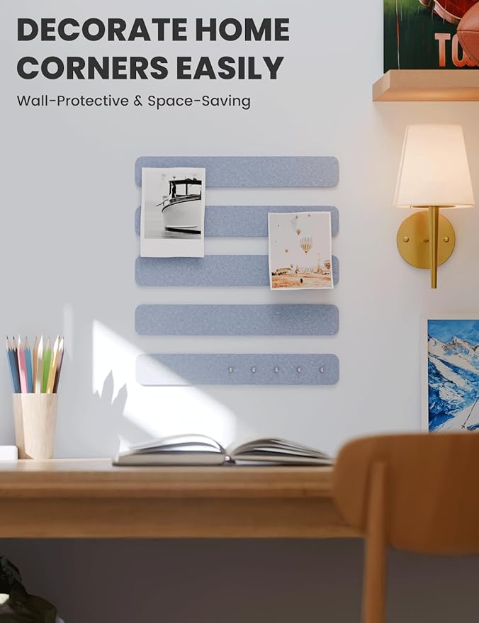 Cork Board Alternative Felt Strip Board 5-Pack 13"x2", Office Pin Board with 35 Push Pins, Adhesive Install for Bedroom Door & Home Office(Soft Periwinkle)