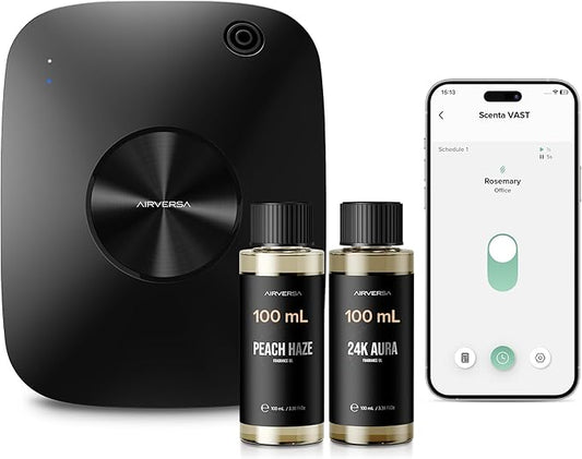 Airversa Smart Waterless Essential Oil Diffuser, 400mL Capacity with 200mL Fragrance Scent Oils, Up to 2000 sq ft Scent Air Machine with 12A1V Power Adapter for Large Room, ANA Black Kit