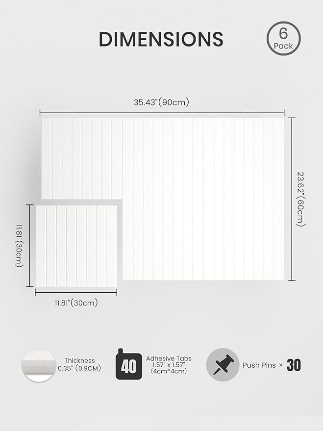 Bumusty Large Cork Board Alternative-36 x24 Felt Bulletin Board Tiles, with 30 Pushpins, 40 Adhesive Tabs, 6-Pack Slat Wall Paneling, Cork Boards for Office Push Pin Board Felt Board-Milky White
